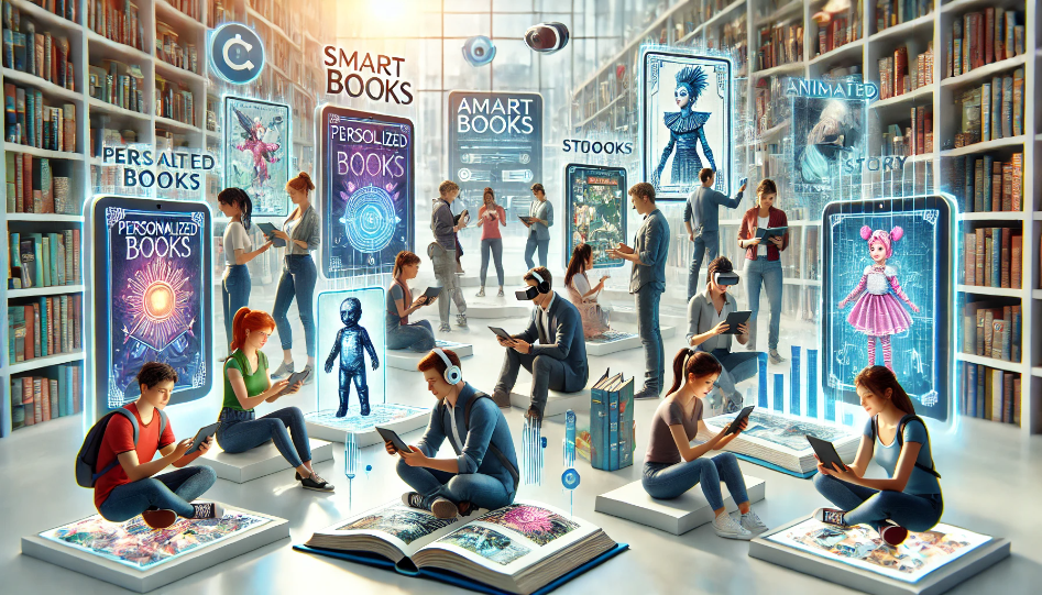 Futuristic scene of readers interacting with personalized eBooks, using tablets, smartphones, and VR headsets, with animated characters and AR elements coming to life from the books.