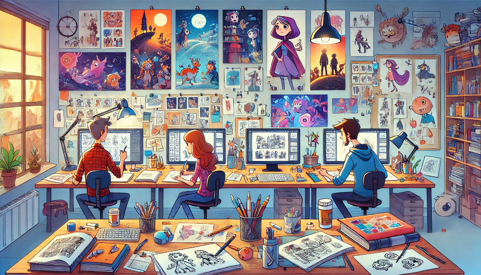Creative workspace with cartoon writers and illustrators drawing and writing, surrounded by colorful sketches, storyboards, and digital tools.