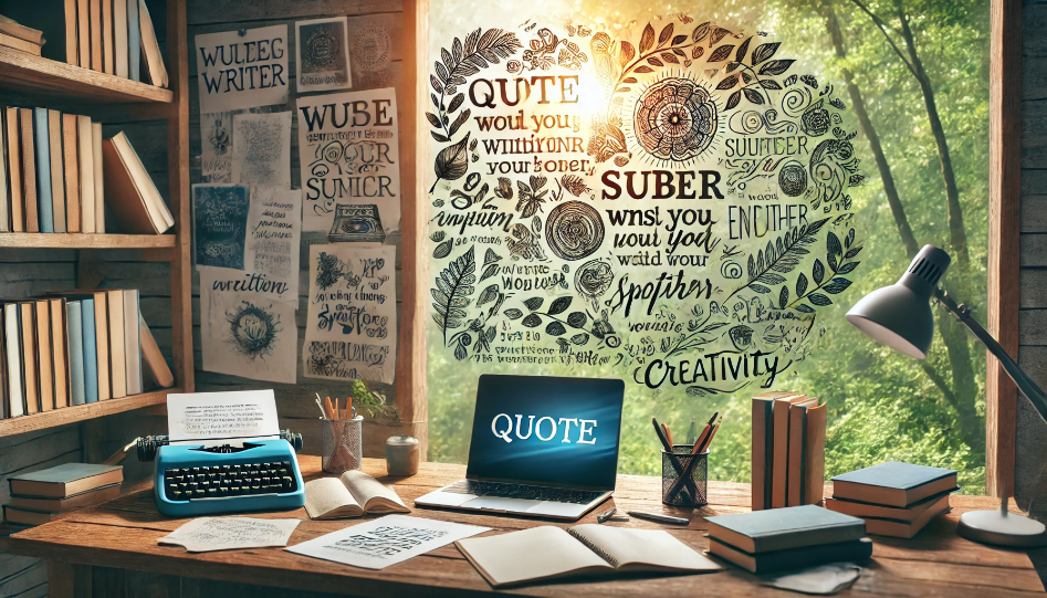 Creative scene of a quote writer at a desk with books, papers, and handwritten quotes, with a tranquil view of nature outside the window.