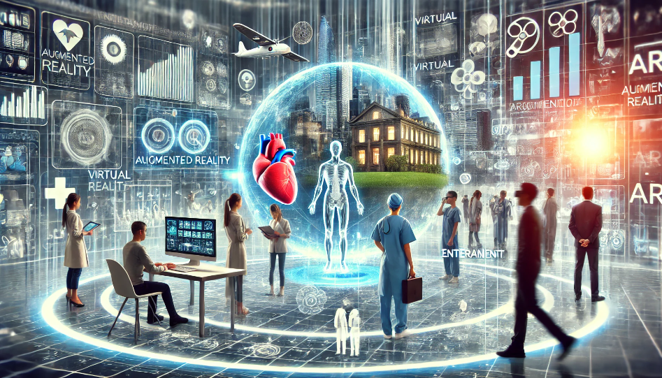 Futuristic scene of Augmented Reality (AR) in action, featuring virtual product displays, holographic learning models, AR-assisted surgery, and immersive entertainment experiences, blending digital and real-world environments.