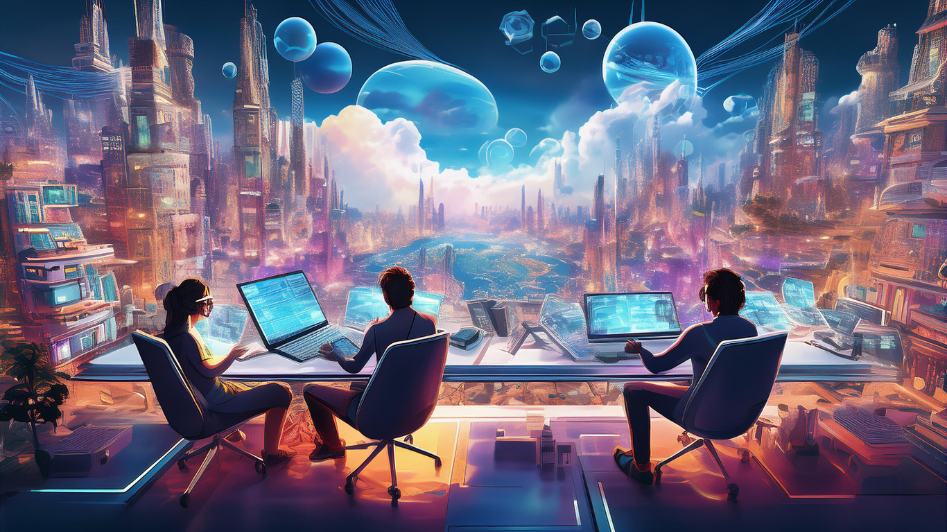 Futuristic scene of writers working at advanced desks in a floating city, surrounded by digital tools and holographic displays, representing the future of writing in a tech-driven world.