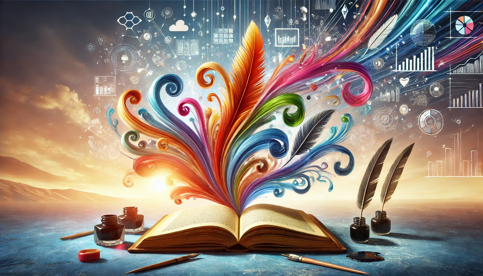 An open book with colorful ribbons flowing from its pages, symbolizing creativity and storytelling, surrounded by quills, ink droplets, and digital icons, with a glowing horizon in the background.