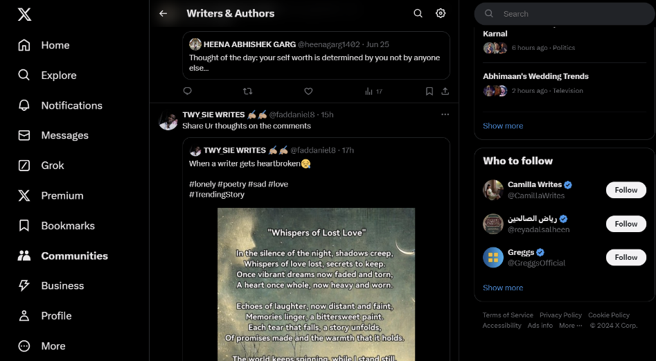 Screenshot from the 'Writers & Authors' community on X  showing a post by TWY SIE WRITES sharing a poem titled 'Whispers of Lost Love,' which explores themes of heartbreak, loneliness, and lost love, with hashtags #lonely #poetry