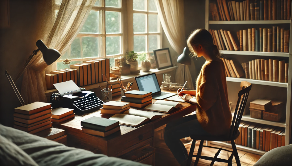 Cozy workspace with a writer working at a desk, surrounded by books, a laptop, and notes, with natural light streaming in.