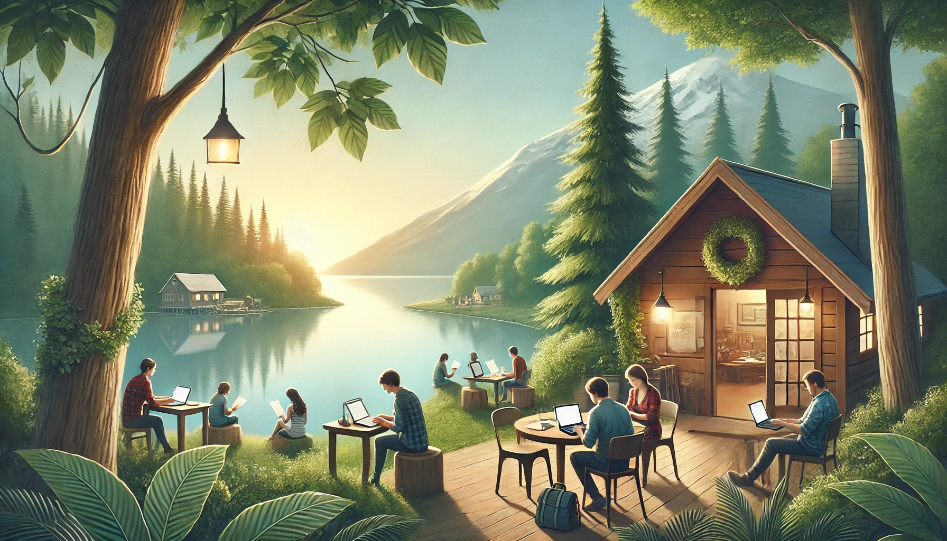 Serene scene of a writers' retreat in a peaceful natural setting, with writers working individually by a cabin, surrounded by trees and mountains.