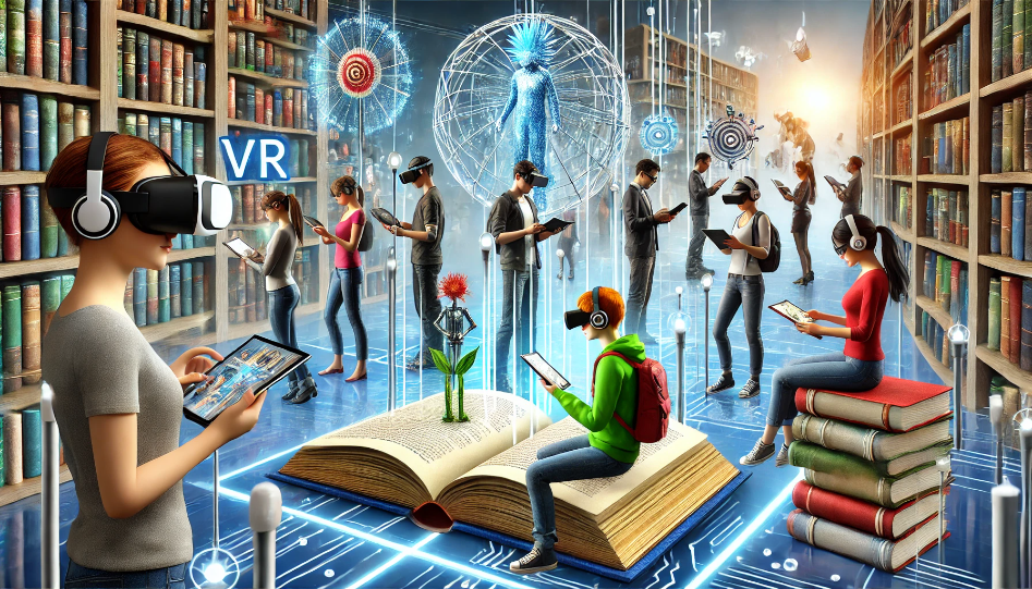 Futuristic scene of readers interacting with VR and AR books, with some exploring 3D worlds via VR headsets and others using AR glasses or tablets to bring characters and scenes to life.