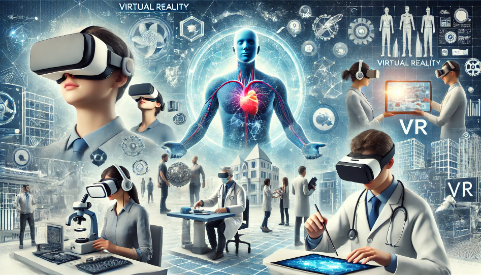 Futuristic scene of VR in use across industries, showing people wearing headsets for gaming, virtual education, surgery, and architectural design.