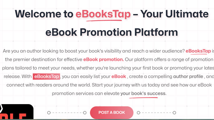 eBooksTap homepage featuring a banner that welcomes users with the headline 'Your Ultimate eBook Promotion Platform,' offering services like eBook listing, author profile creation, and global promotion. A red 'Post a Book' button is visible at the bottom.