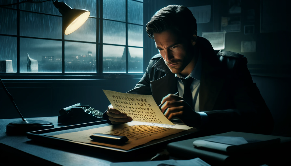 Detective Alex Hart studying a cryptic note late at night in his office