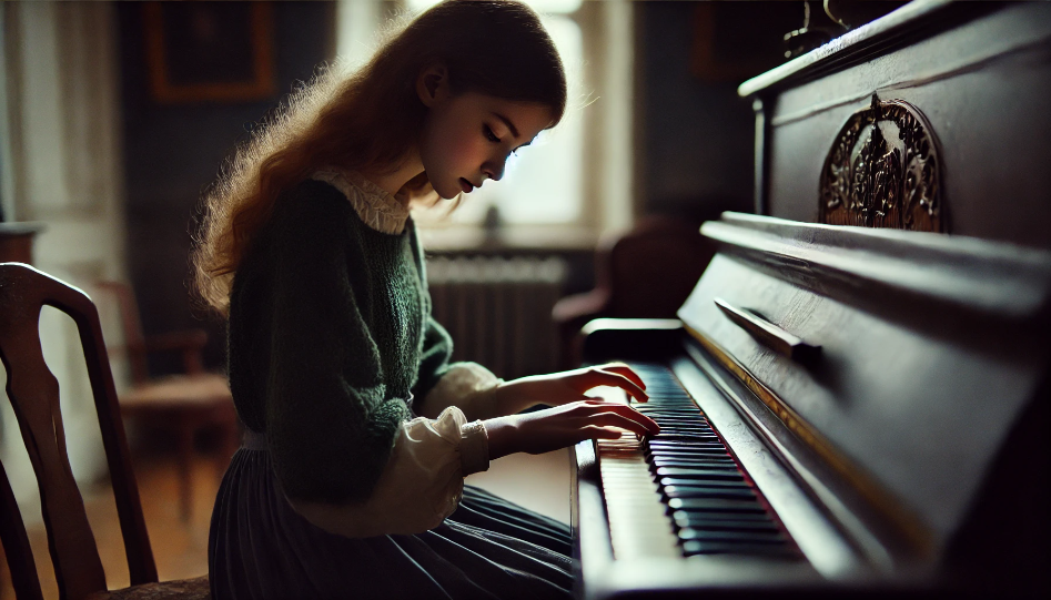 Sophie plays a haunting melody on the piano in a dimly lit room.