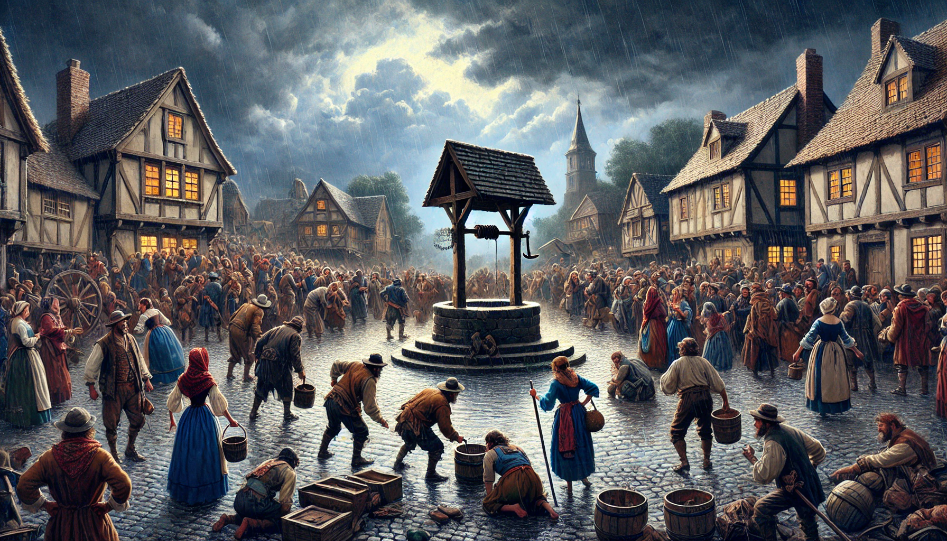 The village square, once peaceful, is now chaotic as villagers argue and fight in the rain over their newfound wealth and abundance. Dark clouds hover over the village, symbolizing the greed and tension