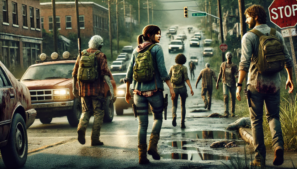 Claire leads survivors through a desolate town overrun by zombies.