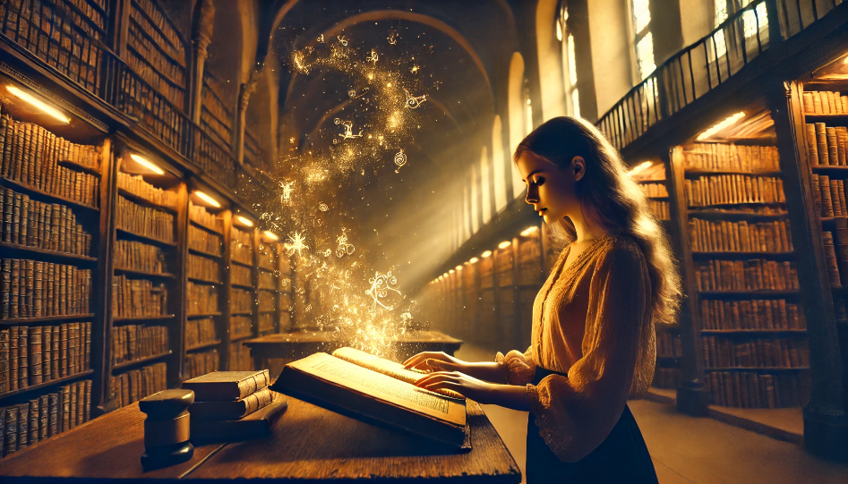 Elara discovers a glowing ancient manuscript in a dimly lit archive.